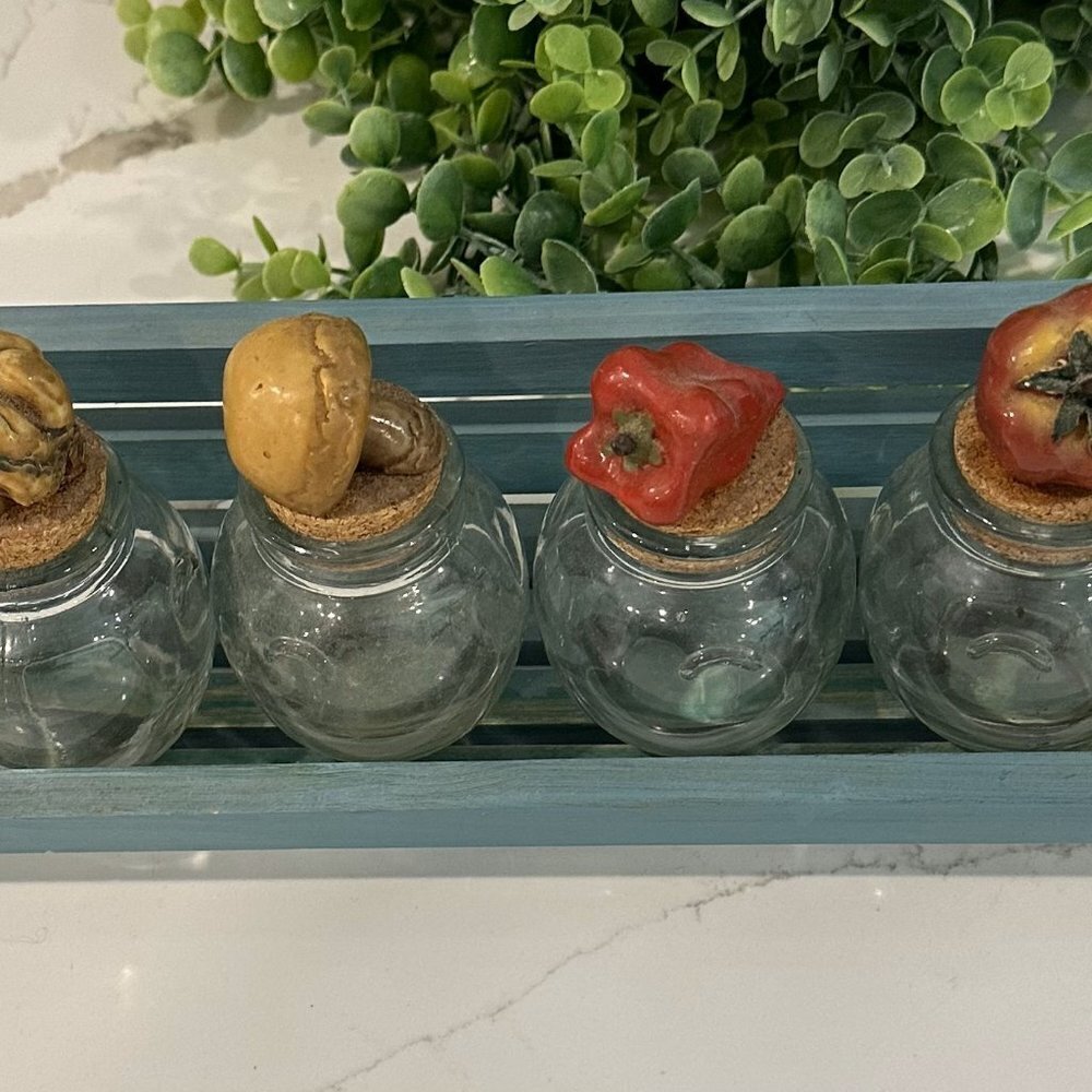 Spice Rack Kitchen  Wooden Wall with Glass Jars Mushroom Veggies EUC